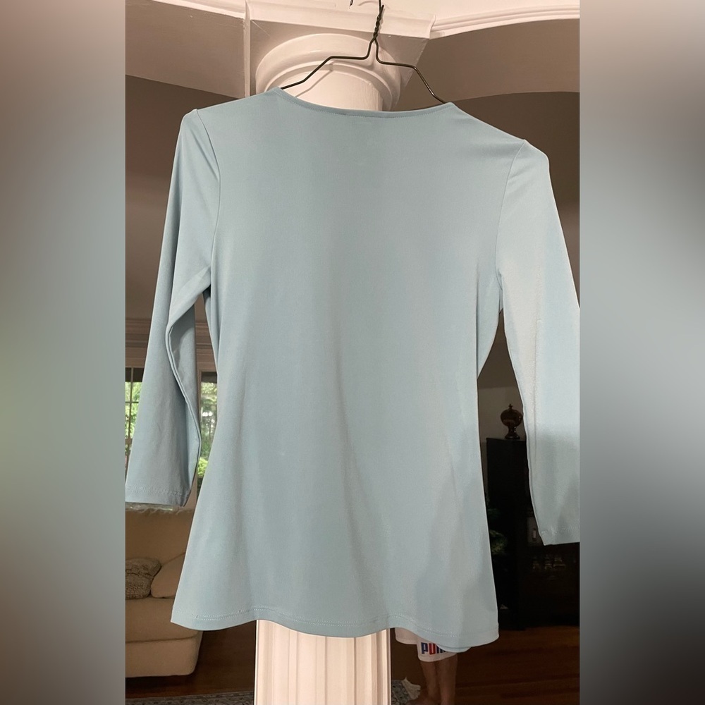 Charters Club women’s Turquoise top size P medium Long sleeve deep V- neck - Picture 2 of 6